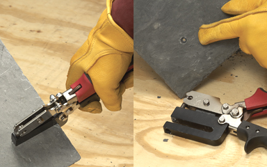 Malco NSP1 punhing a clean, recessed nail hole in 4 – 8 mm natural roofing slate.