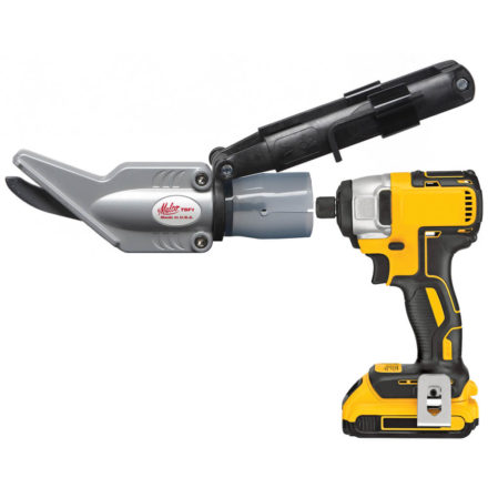 Malco's TSF1 Fiber Cement Siding Shear attached to a yellow impact drill