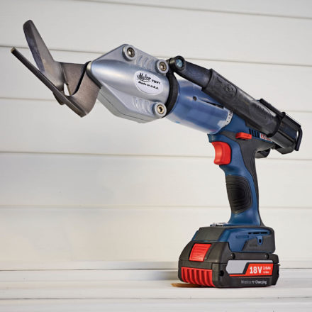 Malco's TSV1 Vinyl Siding Shears attached to a blue power drill