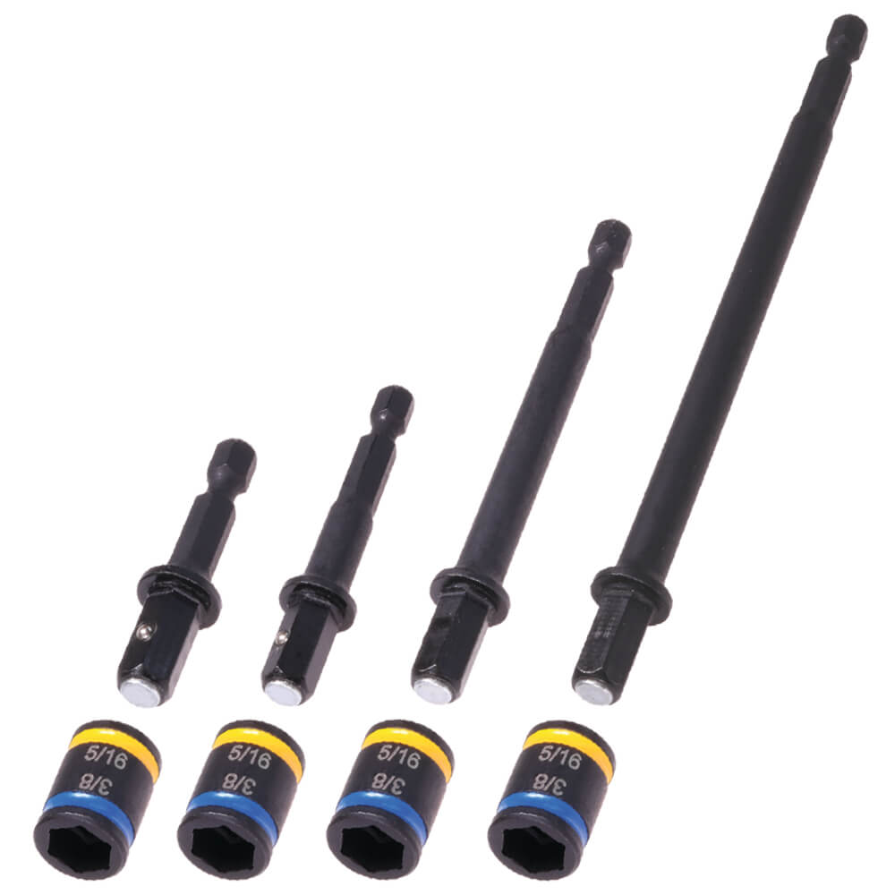 Four different sizes of Malco C-Rhex Drivers with a 5/16" and 3/8" hex head